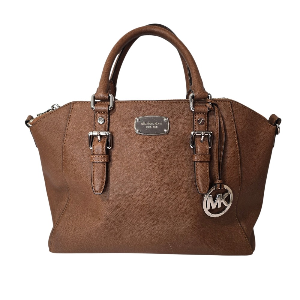 Michael Kors Brown Saffiano Leather‎ Satchel Handbag Silver Hardware